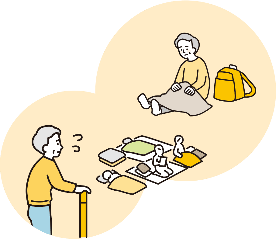 避難所では毛布にくるまって座り込んでいる人と荷物のイラストと、杖を持った人が避難所で居場所を探して困っている様子表したイラスト