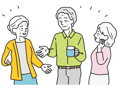 三人の高齢者が楽しそうに会話をしているイラスト、中央の男性がコップを持ち、左の女性と右の女性が笑顔で話している様子